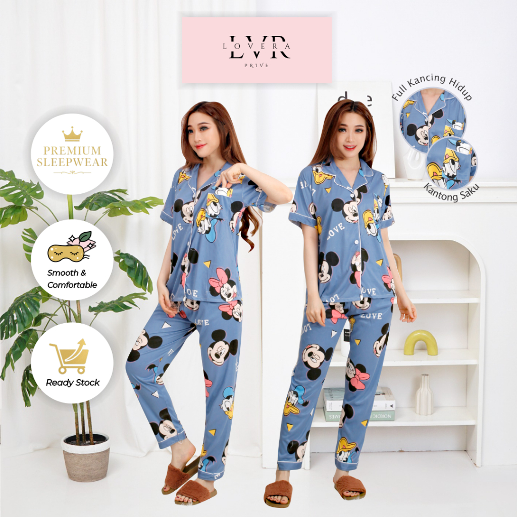 Lovera Baju Tidur Piyama Set Kemeja CP Lengan Pendek Celana Panjang Premium Banyak Motif 4