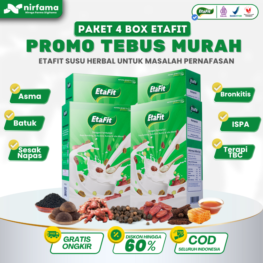 

ETAFIT - Susu Kambing Etawa Bubuk 100% Murni Original - Solusi Masalah Pernafasan Batuk Asma dan Sesak Nafas - Paket 4 Box