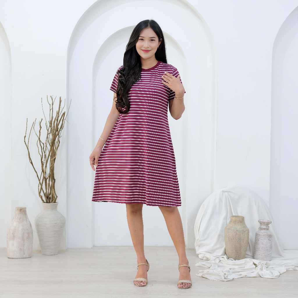 Dress Mola Salur Oversize Dress Wanita Jumbo Daster Kaos Spandek Rayon Midi Dewasa Dress Babydoll