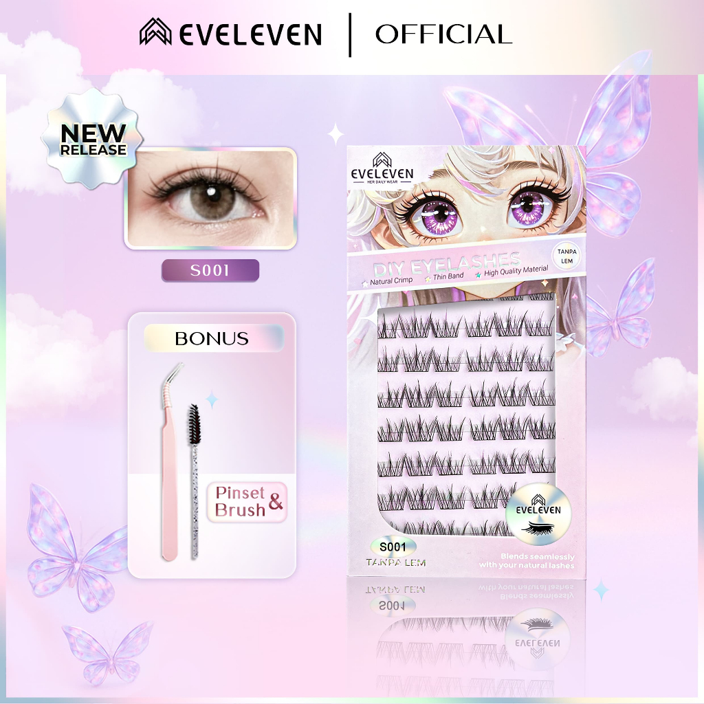 TANPA LEM EVELEVEN S001 Bulu mata Palsu FREE PINSET Bulumata Lentik Semi Natural Daily Lashes Ukuran