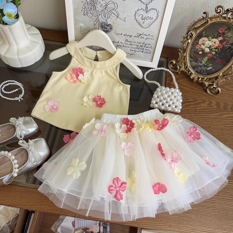 RYUTA setelan rok tutu anak perempuan 1-7 tahun / baju kuning rok tutu cream bunga anak