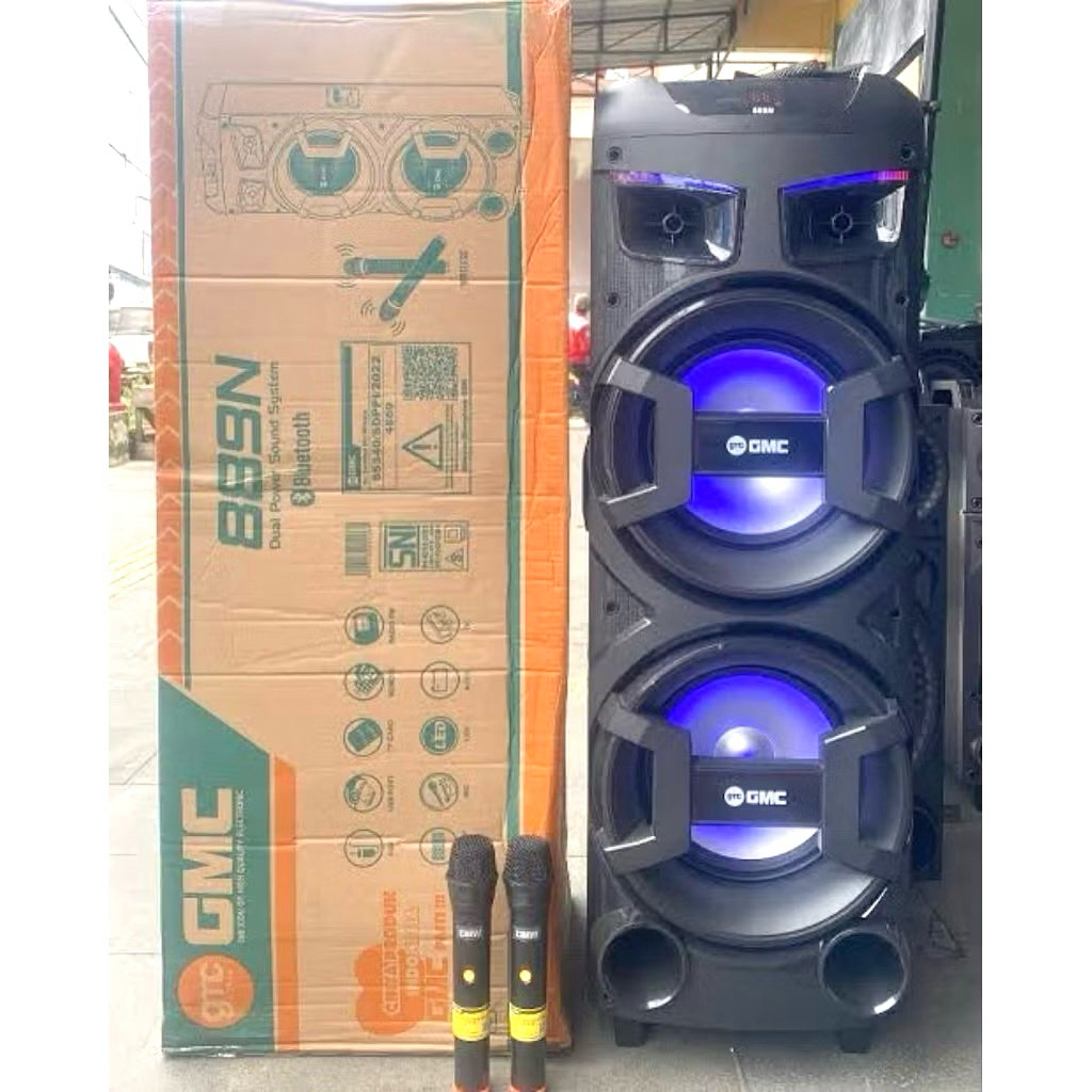 Speaker Portable Bluetooth Amplimeeting GMC 889N Dual Double 10in 10inch x2 Bonus 2 Mic Wireless 2x1