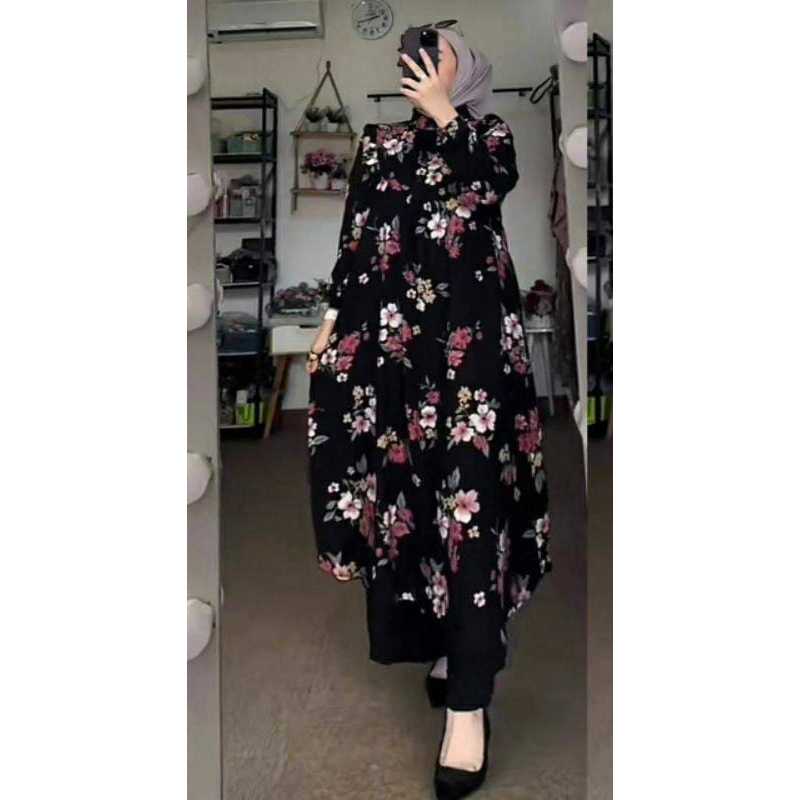DISKON SETELAN ONE SET CELANA LONG TUNIC WANITA TERBARU / MIDI DRESS MUSLIM DELVINA KATUN RAYON