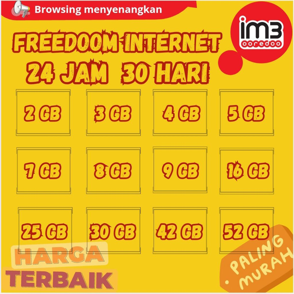 KUOTA INDOSAT FREEDOM INTERNET 24jam 30HARI 2gb,3gb,4gb,5gb,7gb,8gb,9gb,16gb,25gb,30gb,42gb,52gb