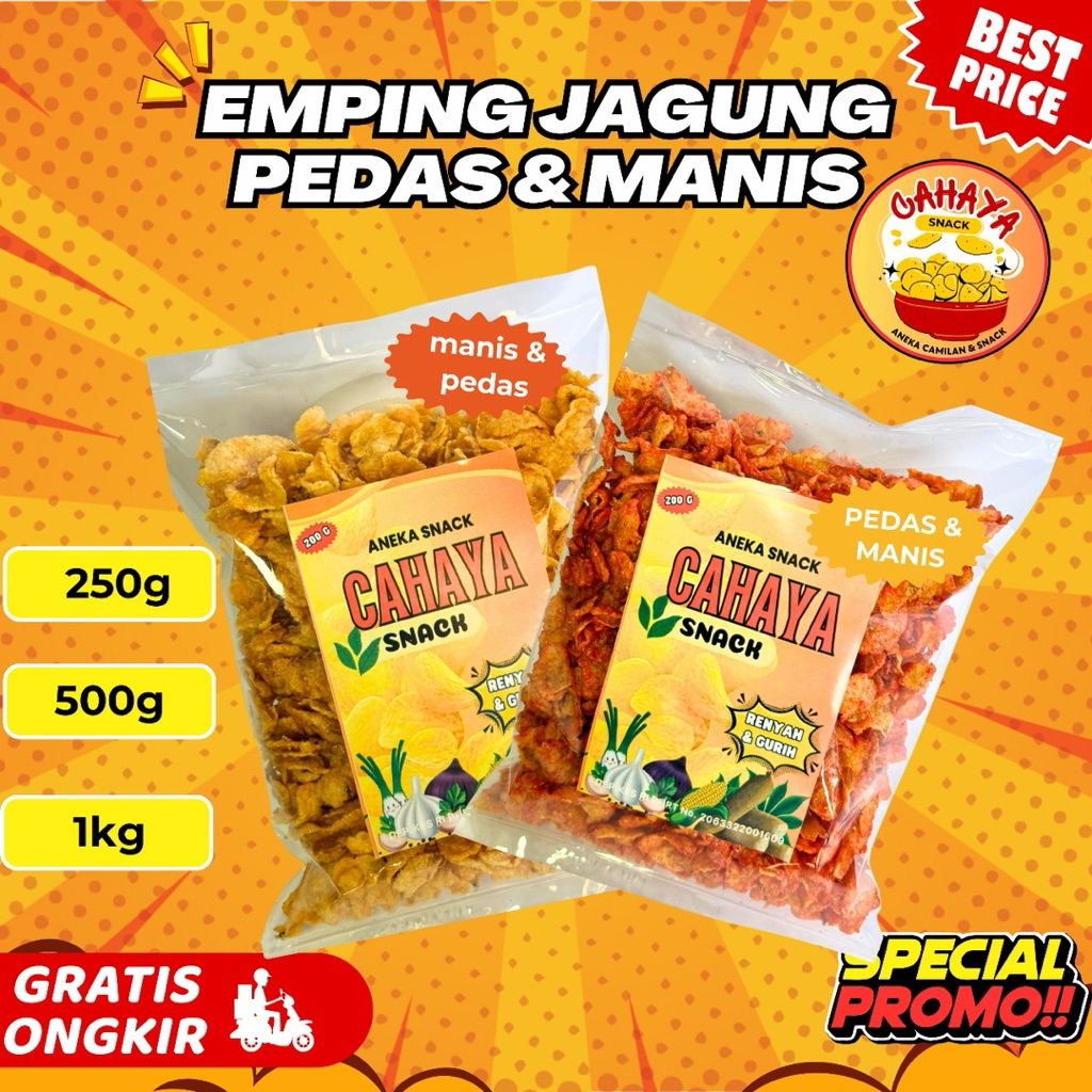 

Emping jagung pedas manis 1kg, 500g, 250g