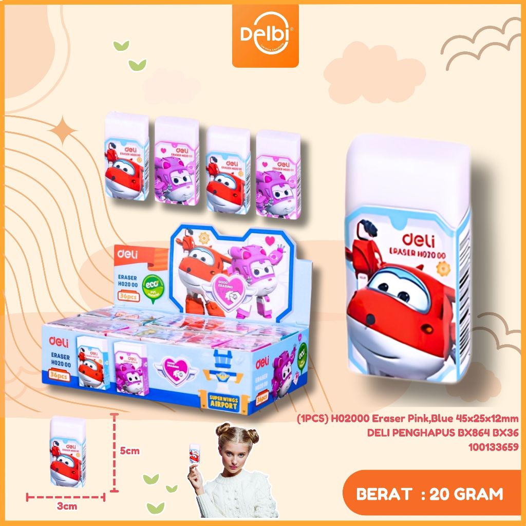 

Eraser Deli EH02000 dan EH02100 Super Wings Penghapus Lucu (1PCS) EH02000 ERASER PINK,BLUE, 45X25X12MM