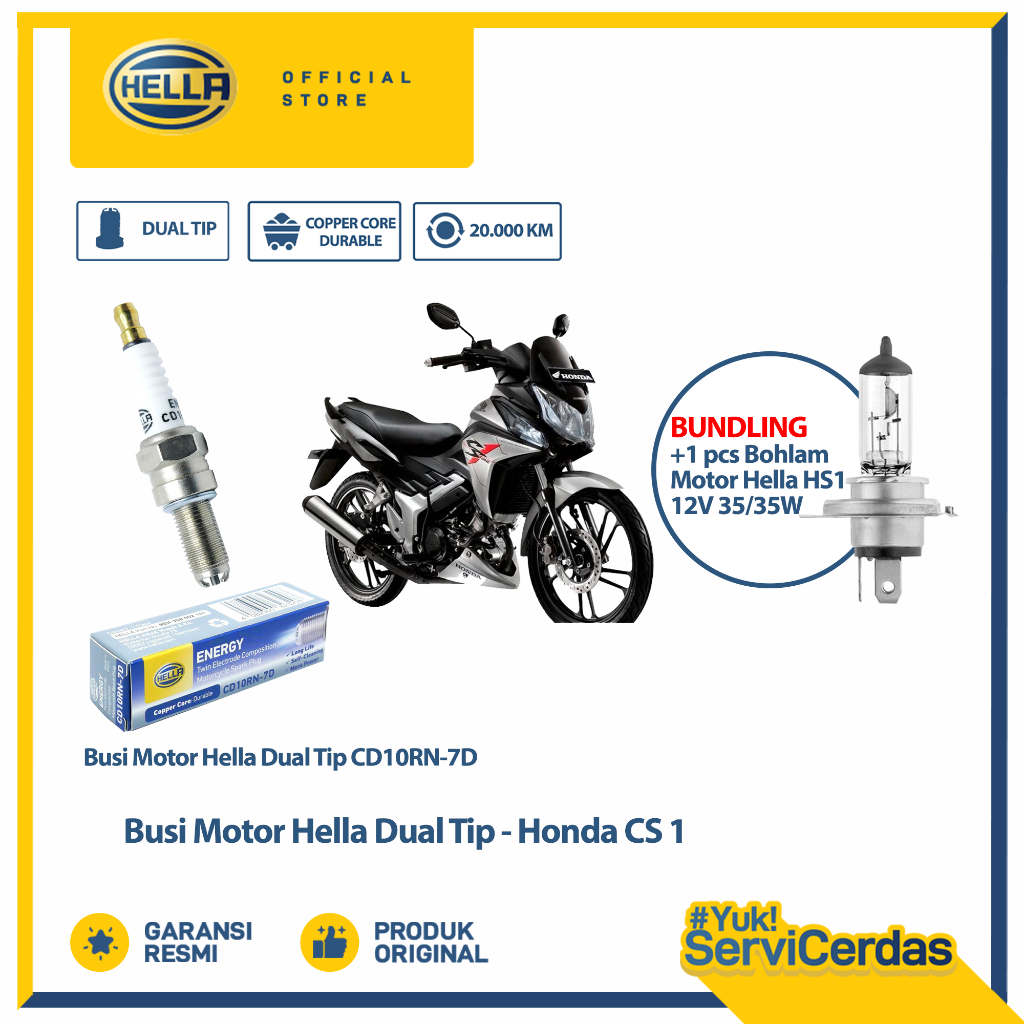 Busi Motor Honda CS1 Hella Dual Tip CD10RN-7D Bundling Bohlam Motor HS1 12V 35/35W PX43T - Lampu Mot