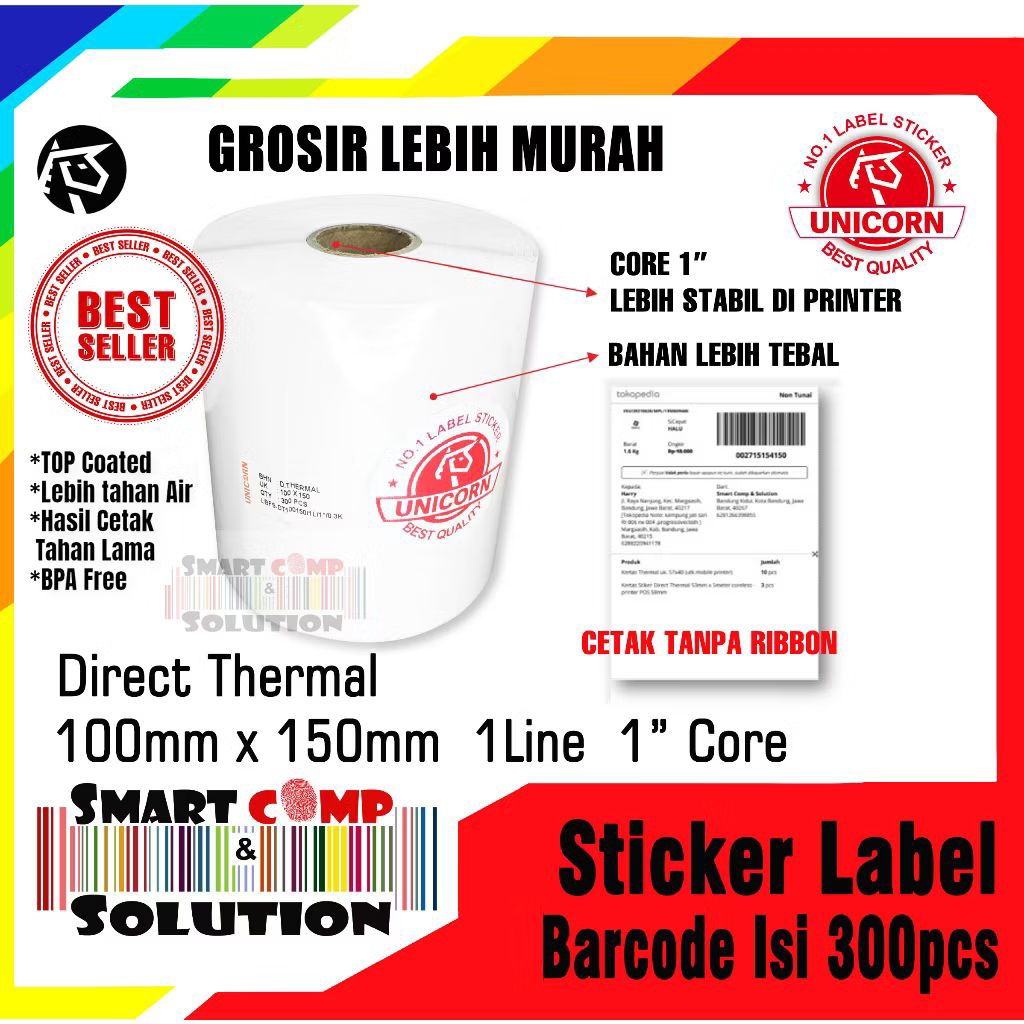

Kertas Sticker Label Thermal Resi Alamat 100x150mm /A6 1 line core 1 inch isi 300 pcs