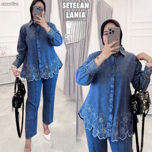One Set Wanita Kekinian Lania Set WD Bahan Jeans Premium Aplikasi Bordir SIze M L XL XXL 3XL Setelan