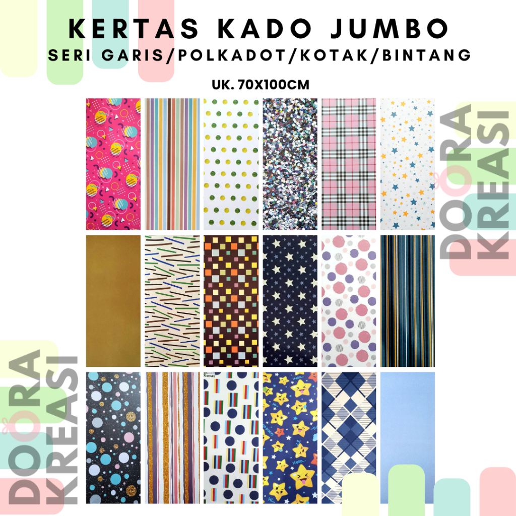 

Kertas Kado Wrapping Paper Premium ukuran Jumbo Seri Garis/Polkadot/Kotak/Bintang