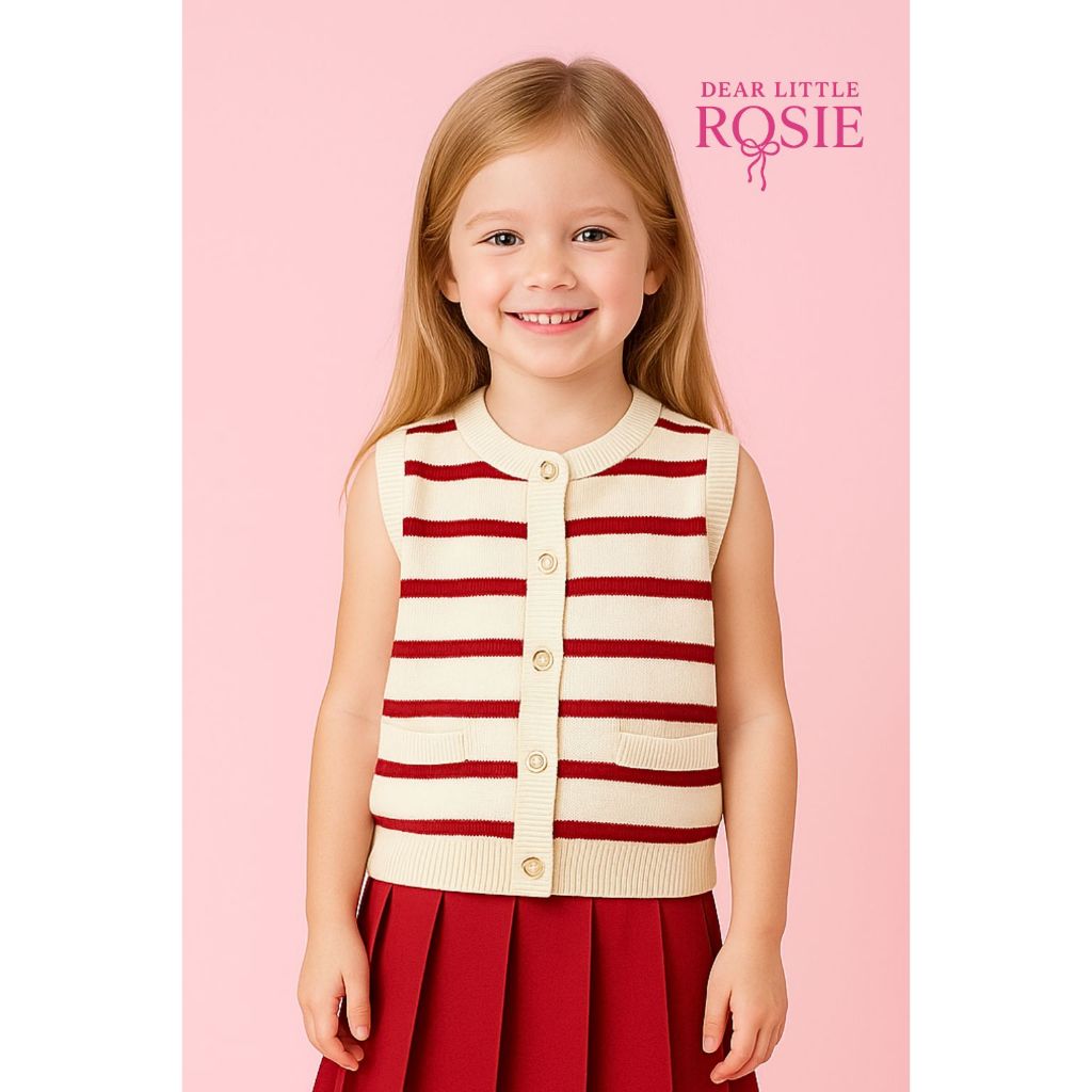 dearlittlerosie PREMIUM GIRL KNIT VEST STRIPE RED - VST04MR Baju Rompi Rajut Salur Anak Perempuan Me