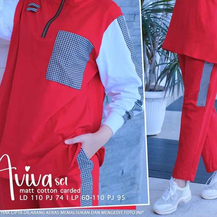 Aviva setcel setelan celana kargo kaos wanita jumbo ld 110 katun combed polos mix kotak merah putih