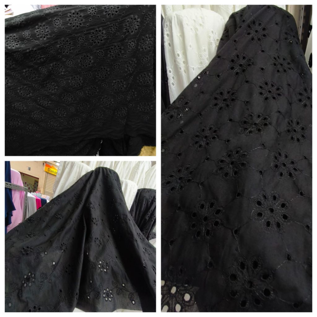Kain BAHAN KATUN BOLONG BORDIR HITAM (harga ½ meter)