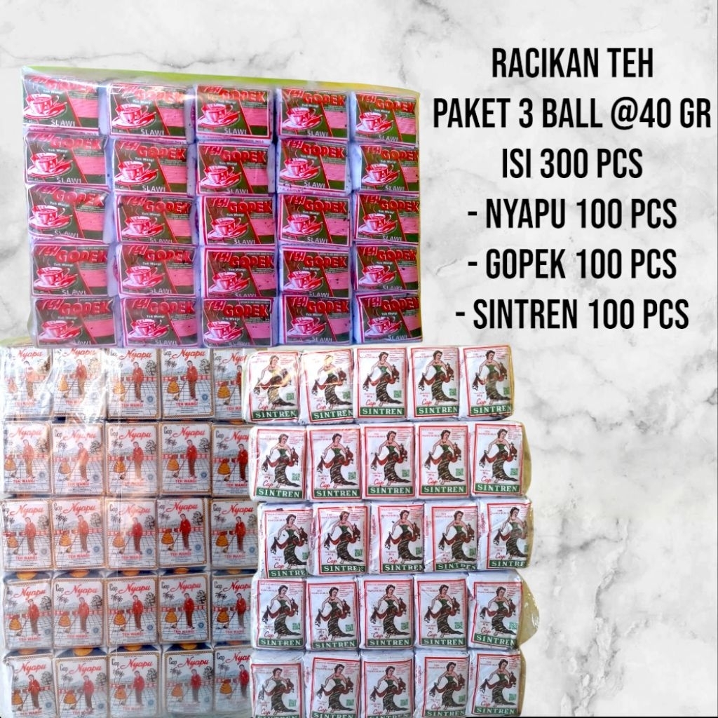 

Paket Usaha Racikan Es Teh Jumbo Khas Solo 3 Bal-300 pcs[Nyapu.Sintren.Gopek] @40 Gr Terlaris Sepet Wangi Murah
