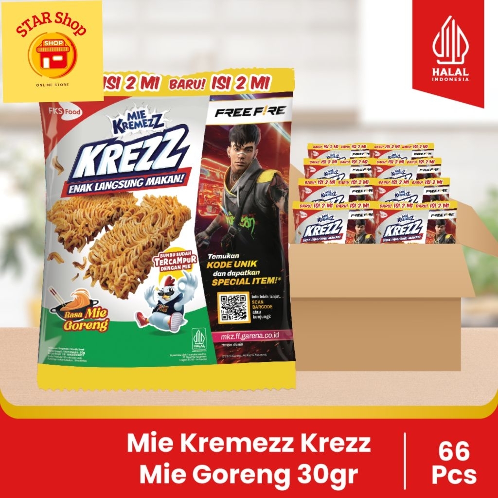 

Mie Kremezz Krezz - Mie Goreng - 1 karton (6 renceng) - 11pcs - 30gr
