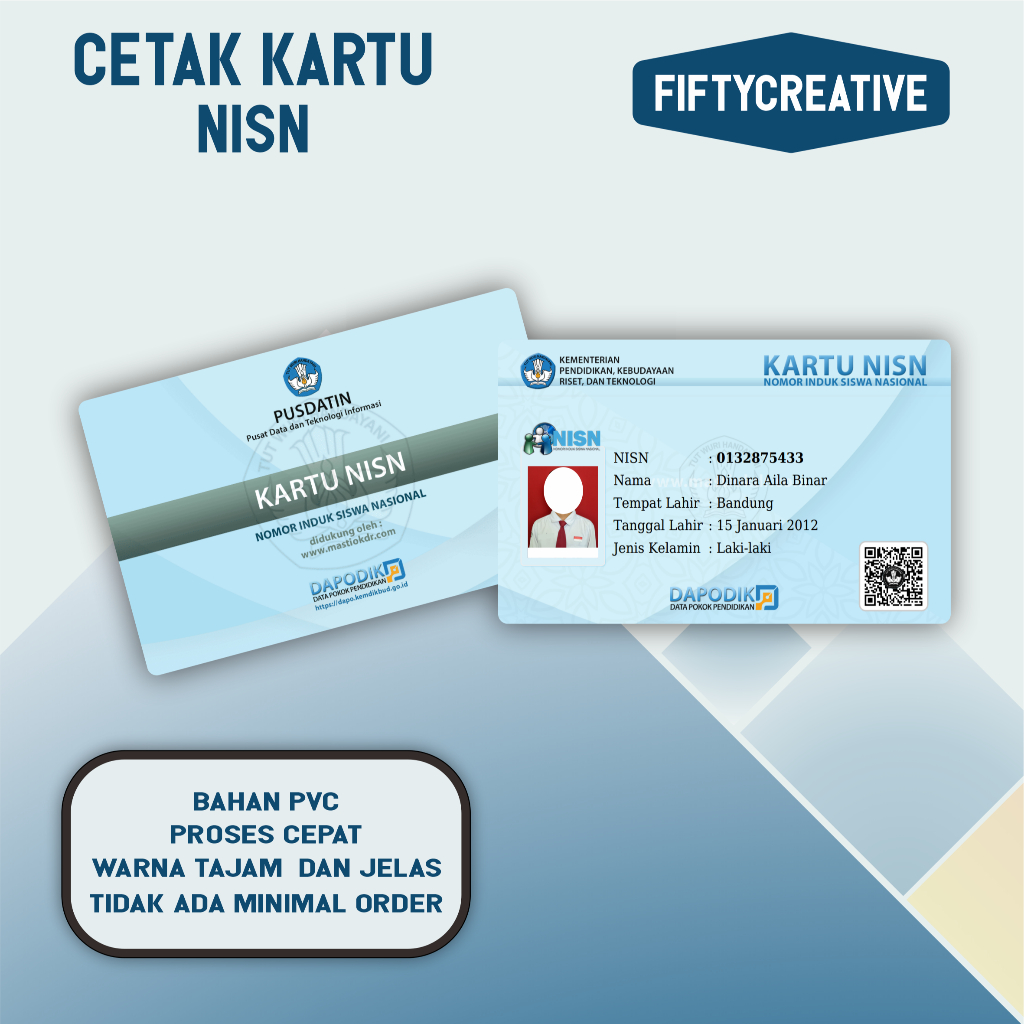 

Cetak kartu NISN Bahan PVC Tebal, Laminasi Tahan Gores dan Tahan Air