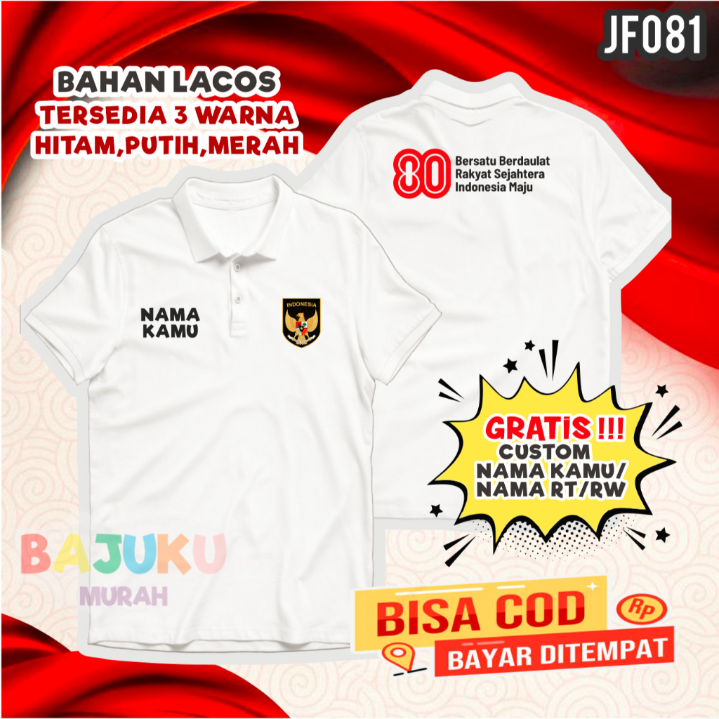 JF081 Kaos Kerah Polo T-shirt Panitia Hut RI ke 80 logo resmi official gratis custom nama rt rw dll