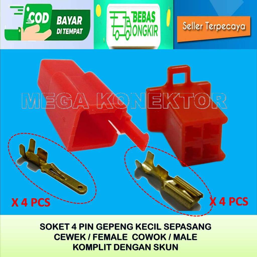 SOKET KABEL MOTOR 4 PIN KECIL MERAH MALE FEMALE-SOKET –SOKET KABEL–4 PIN- SOKET KABEL 4 PIN NYLON