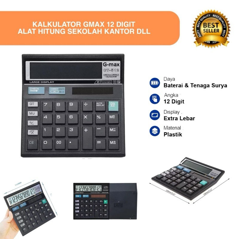 

GM-512 Calculator Layar Digital Alat hitung Hitam 2 Power Kakulator Gmax Besar 12 Angka Mall57