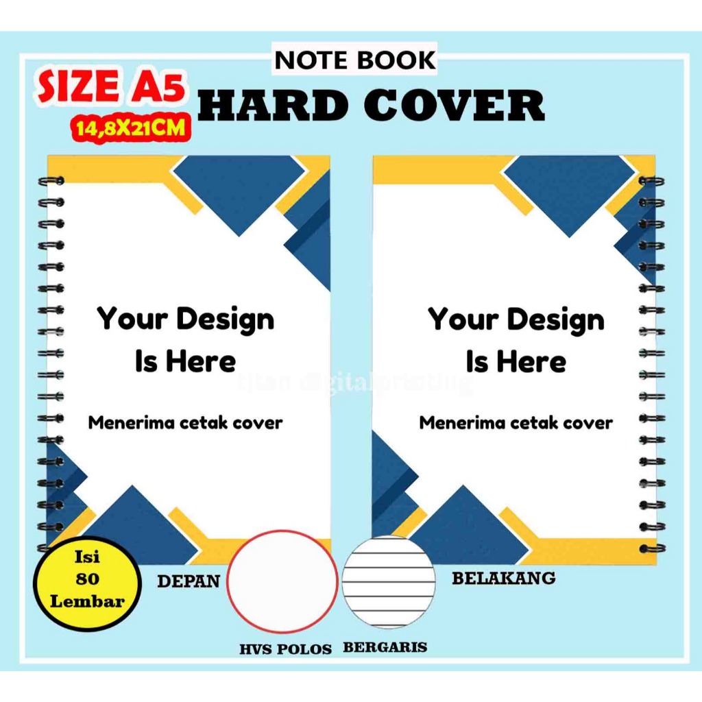 

Notebook custom hardcover spiral A5 isi HVS 80 lbr polos/garis