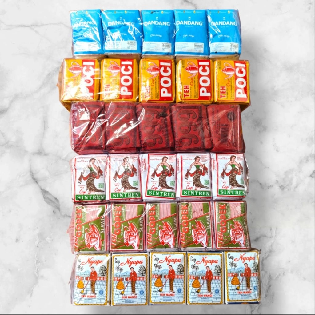 

Paket 6 Slop Racikan Teh Khas Solo Angkringan/Es Teh Jumbo(Nyapu-Gopek-Sintren-999-Poci-Dandang)