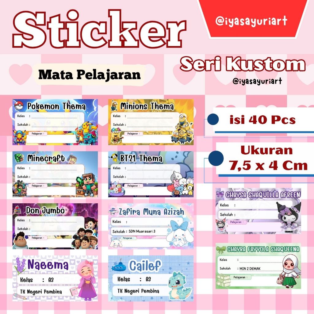 

INSTANS COD Stiker Mata Pelajaran 20 PCS Kustom Nama BEBAS PILIH KARAKTER FREE DESAIN - BAHAN Stiker HVS Doff PREMIUM - Peralatan Sekolah