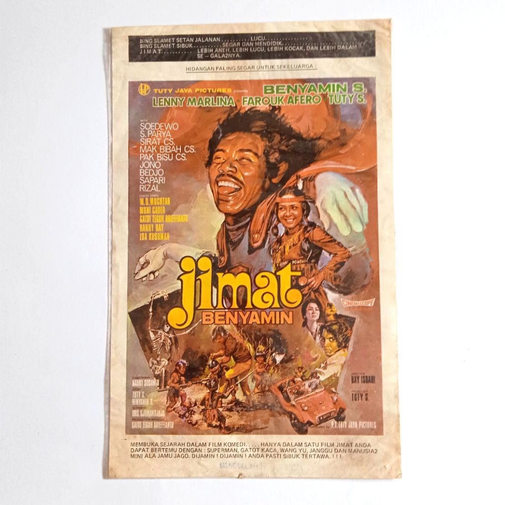 Antik Dokumen Lama Poster Flyer Iklan Film JIMAT Benyamin.S Utuh Gambar 2 Sisi Asli Tua Layak Koleks
