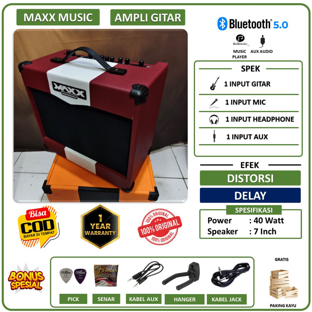 Ampli gitar & bass original 7 inc bluetooth 3 input bisa untuk karaoke efek distorsi,reverb, delay,c