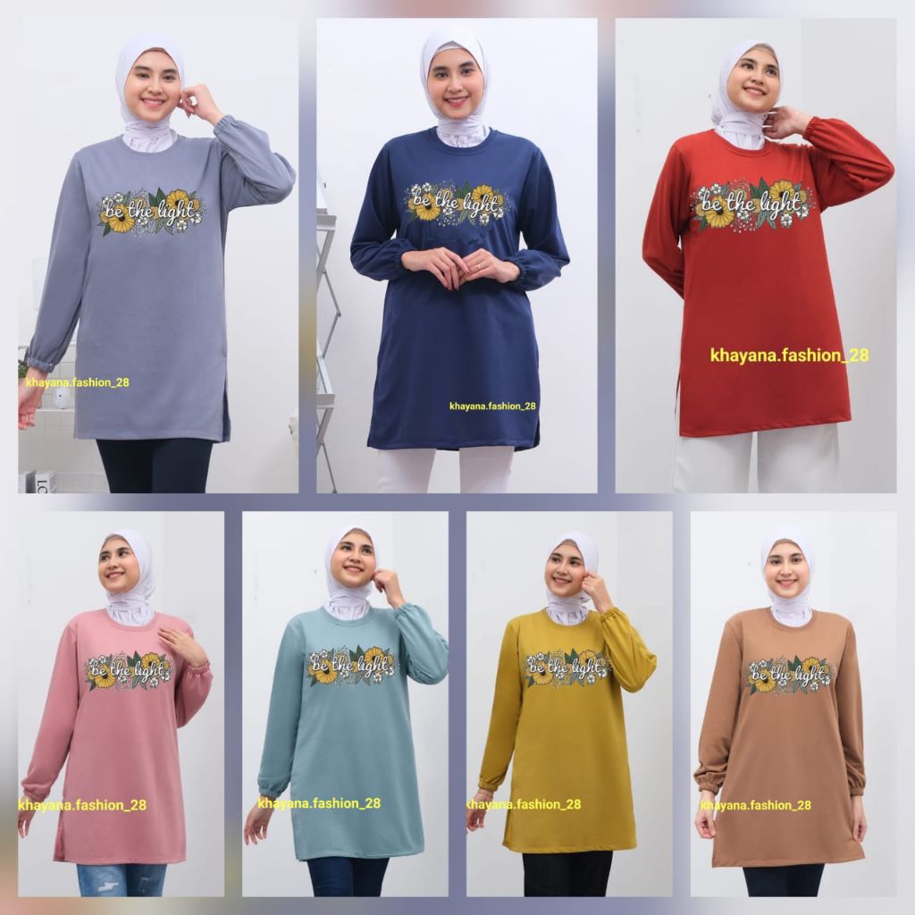 Kaos tunik wanita dewasa lengan panjang karet baju tunik motif Be the light