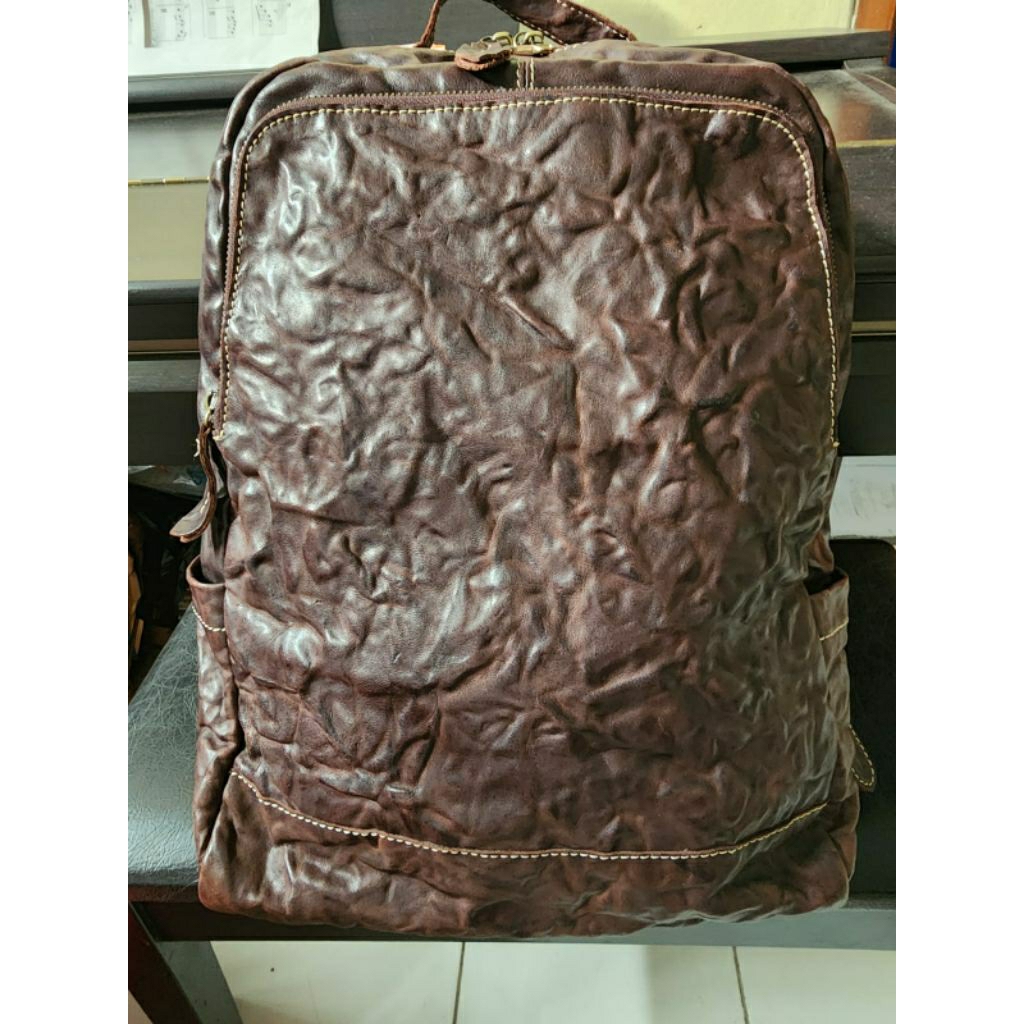 brown crinkle full leather backpack. ransel kulas coklat