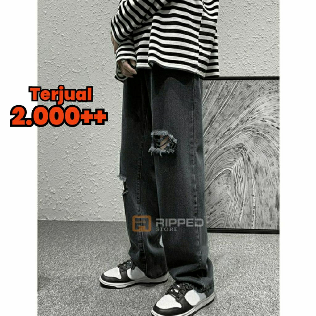 Celana Sobek Pria Ripped Jeans Longgar Standar Reguler Basic Loose Fit Denim Premium Size 27-38