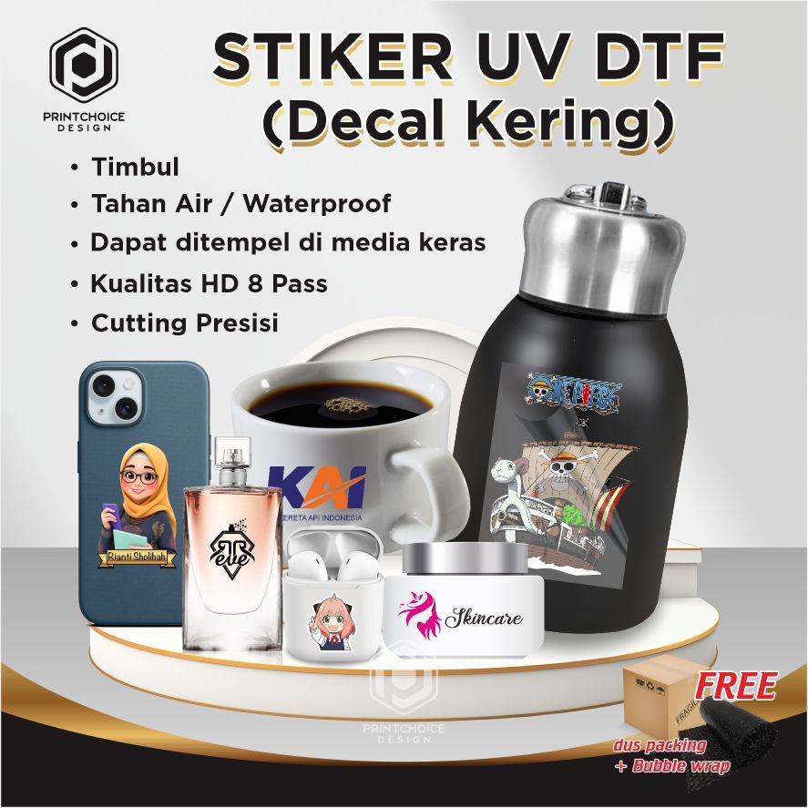 

Cetak Stiker UV DTF timbul Ukuran Print A3 A4 A5 Decal Kering Transparan
