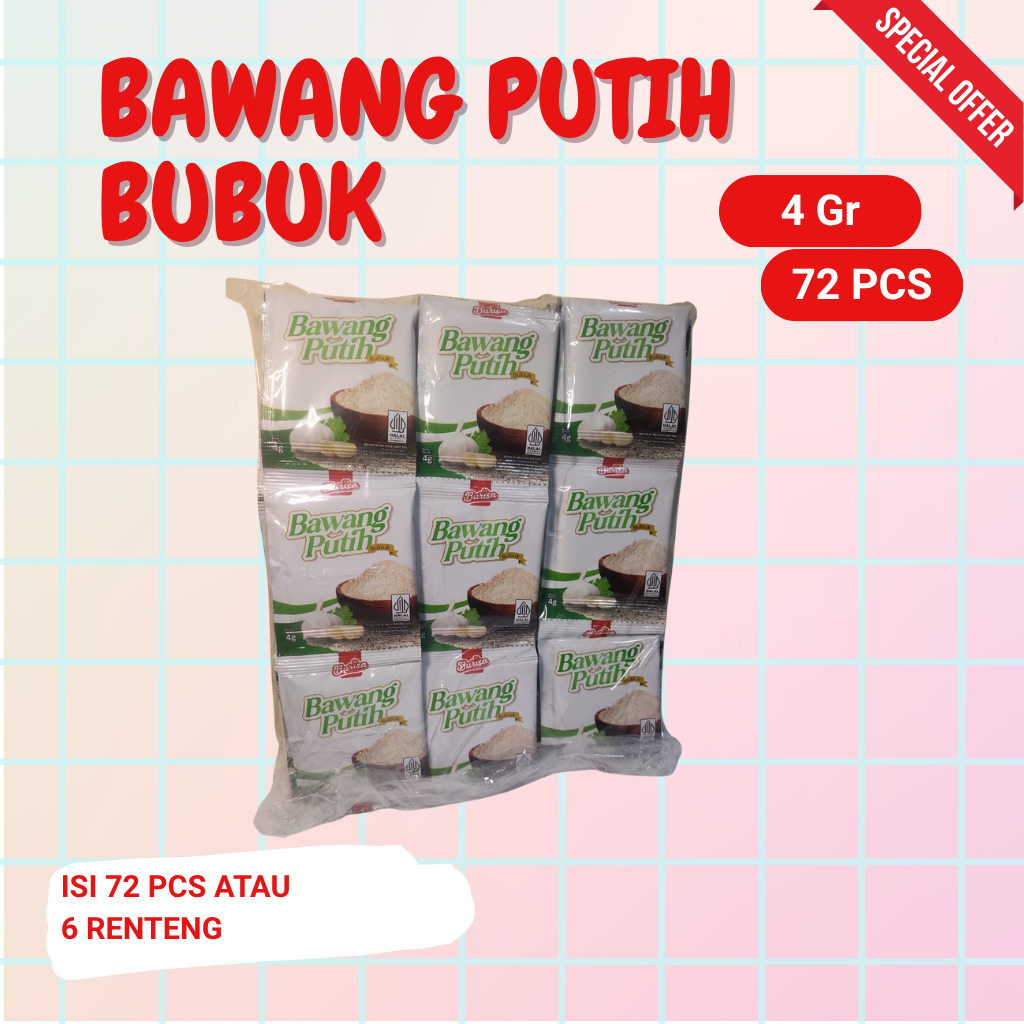 

Bawang Putih Bubuk Bu Risa 4gr – 1 Pack Isi 6 Renteng (Total 72 Sachet) Bumbu Tabur Gurih & Praktis
