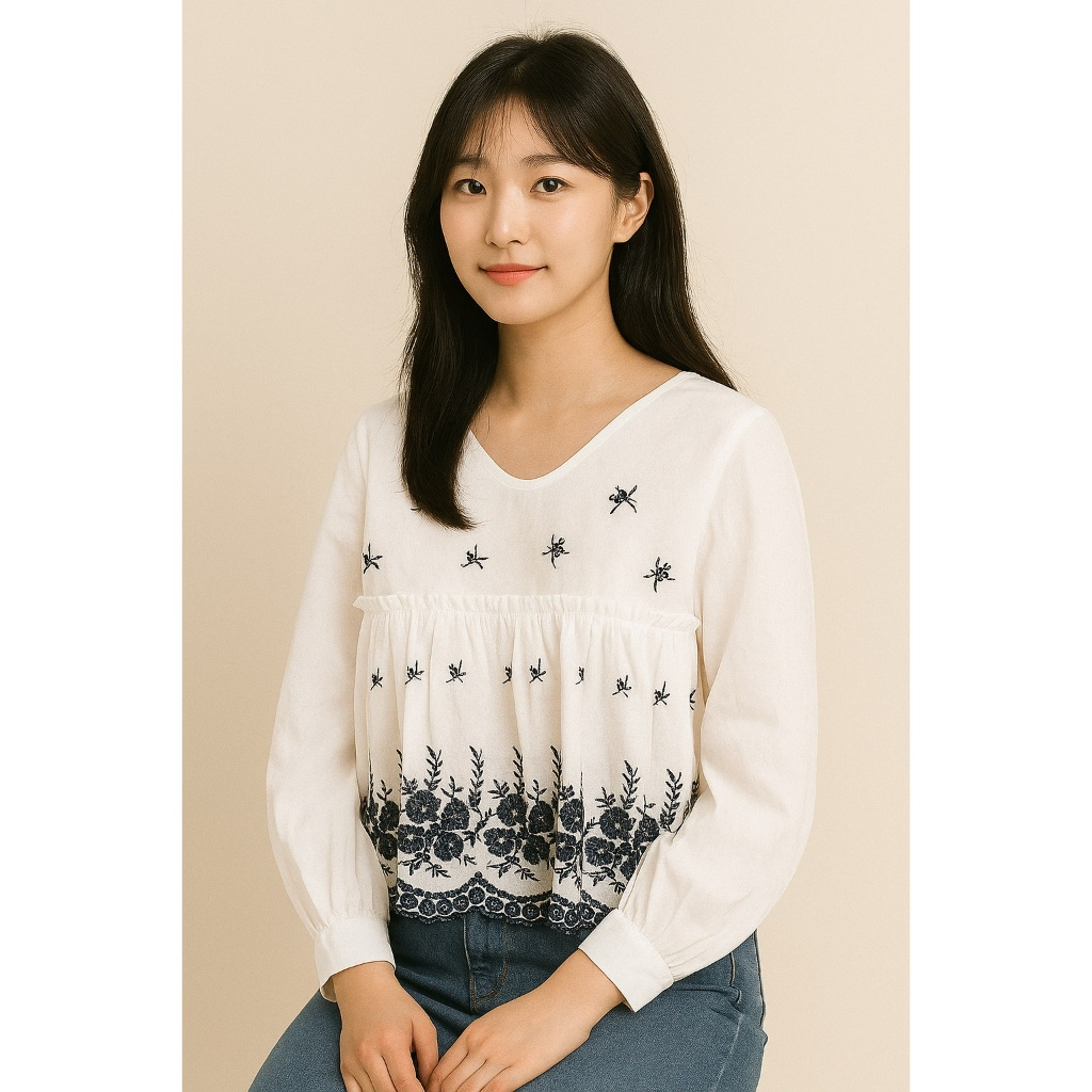 Blouse Wanita Bordir Bunga Lengan Panjang Putih Atasan Korea Casual Elegan