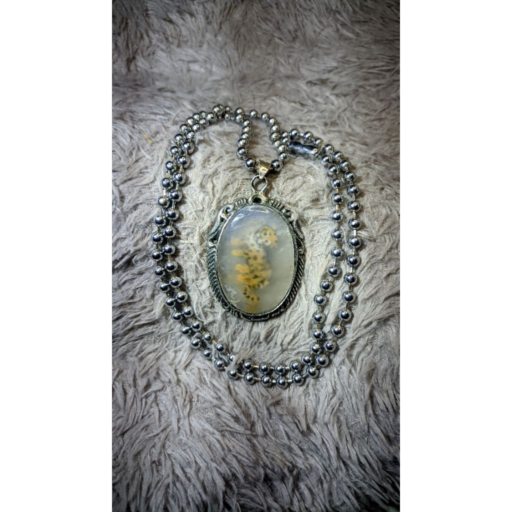 Liontin batu akik motif harimau + kalung stainless