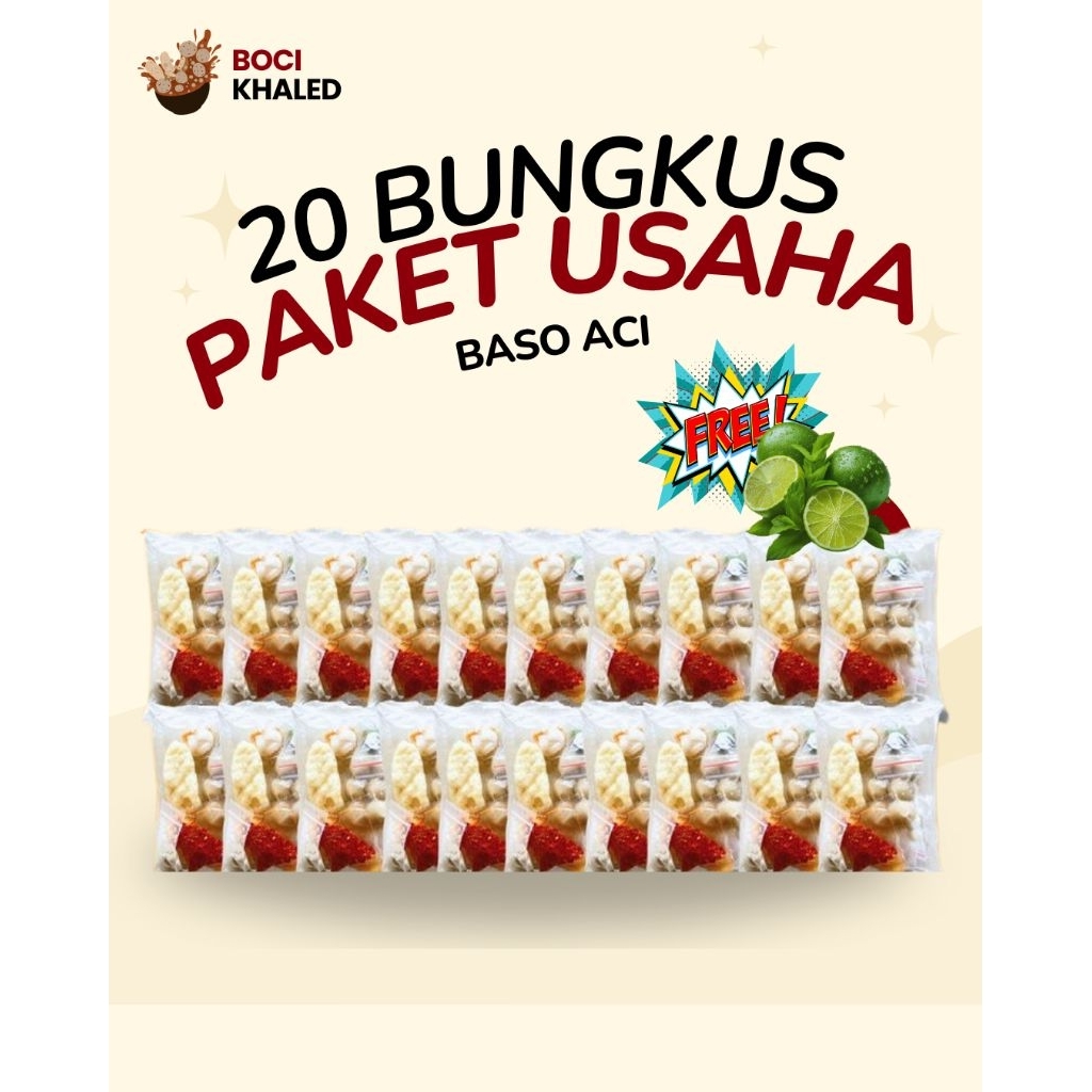 

(PAKET USAHA 20 BUNGKUS BASO ACI) Ready baso aci paket usaha ekonomi cuanki instan seblak instan komplit boci ayam suwir pedes mercon enak murah paket jualan cemilan makanan