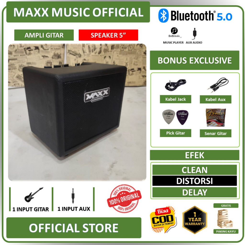 Ampli gitar & bass 5 inch bluetooth original ada efek delay & distorsi 2 input free kabel jack & sen