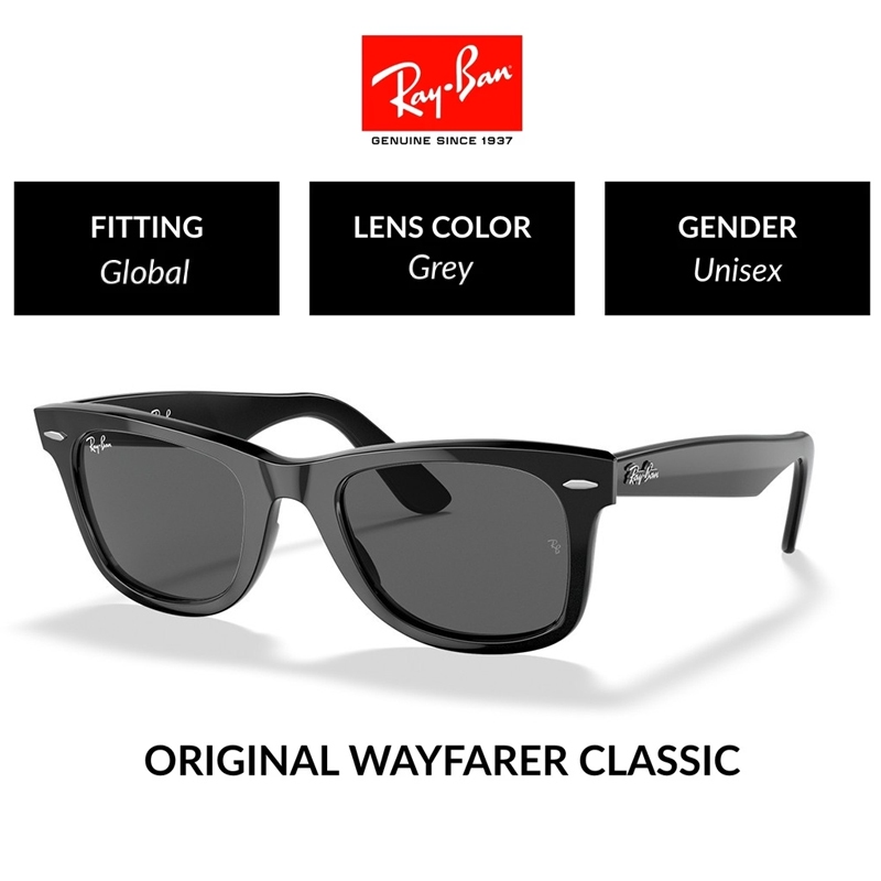 NEW 100% Original Ray-Ban Kacamata Hitam Wayfarer RB2140 Sunglasses Black pria wanita Ori Grey
