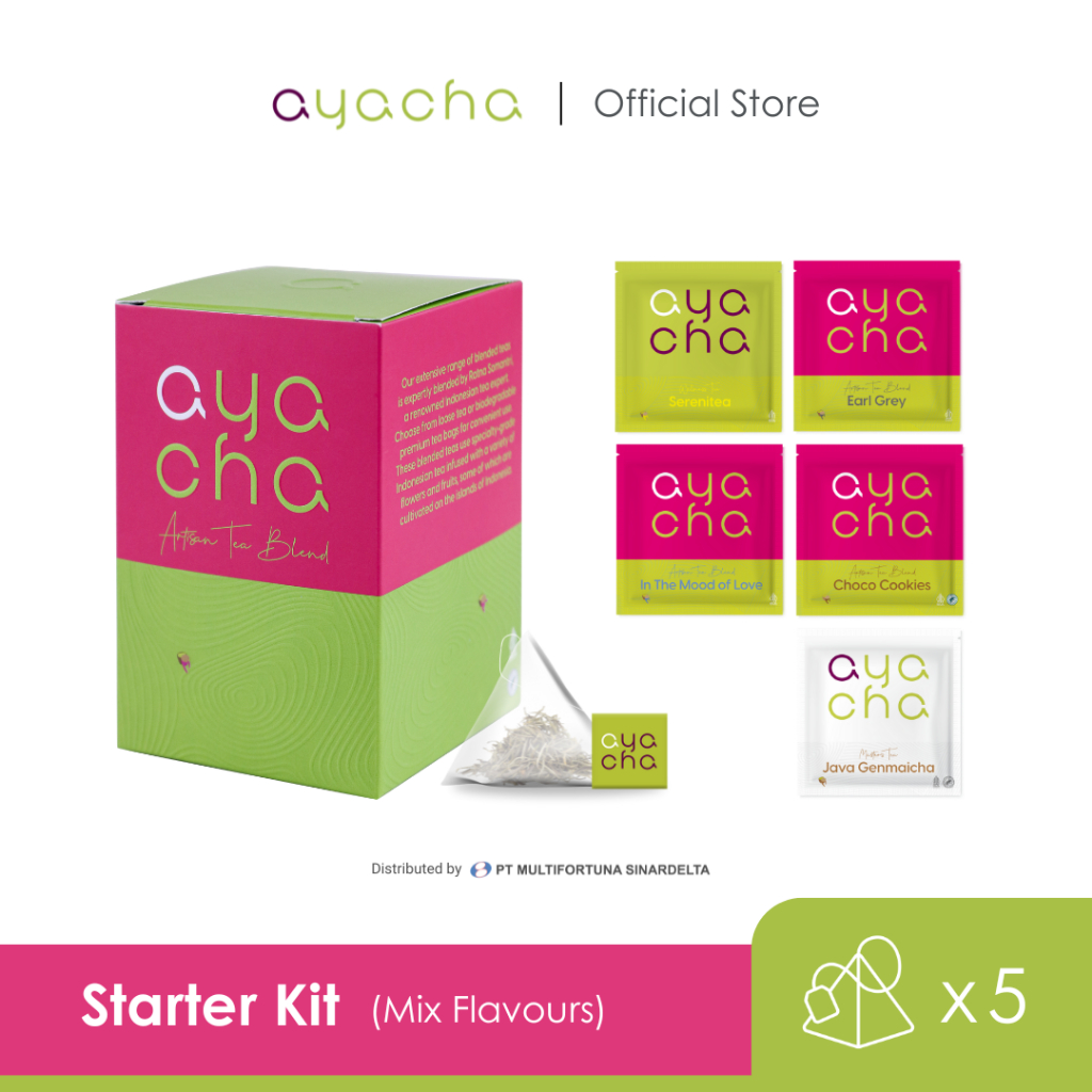 

Ayacha Starter 2 Kit Mix Flavours 5 Pcs Pyramid Bag In Sachet | Serenitea, In The Mood for Love, Choco Cookies, Java Genmaicha, Classic Earl Grey | Teh Bunga Teh Fruity