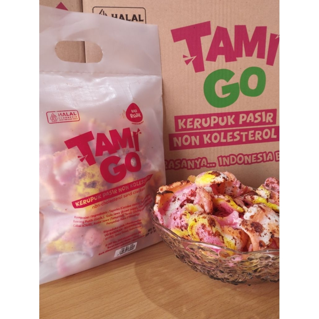 

Paket Usaha Kerupuk Pasir Tamigo / Kriaq Kriuq Non Kolesterol 100 Gram Rasa RUJAK 1 Carton isi 10pcs