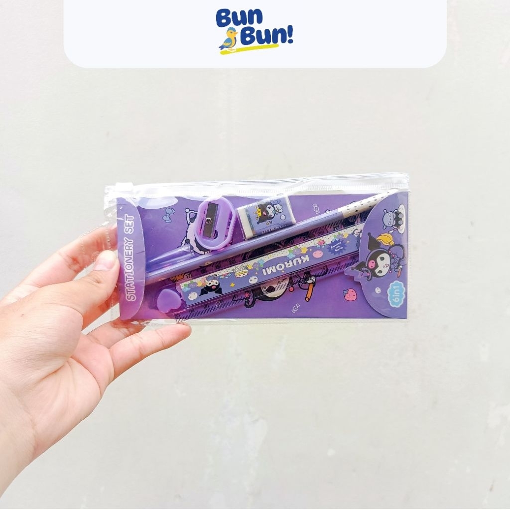 

BunBun - Alat Tulis Set 6 in 1 Karakter Kuromi + Pouch Plastik Stationery Lucu Anak Sekolah