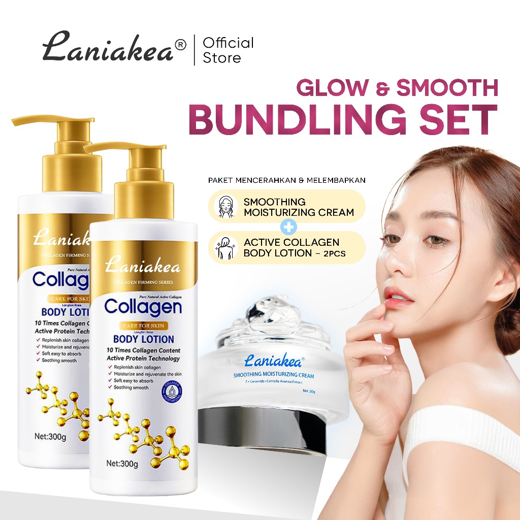 LANIAKEA 3Pcs Bundling Package Glow&Smooth Collagen Body Lotion 300g+Smoothing Moisturizing Cream30g