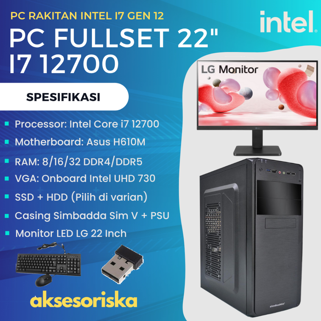 PAKET LENGKAP PC RAKITAN KOMPUTER KANTOR Intel Core i7 12700 MONITOR LED LG 22" PC Rakitan i7 Gen 12