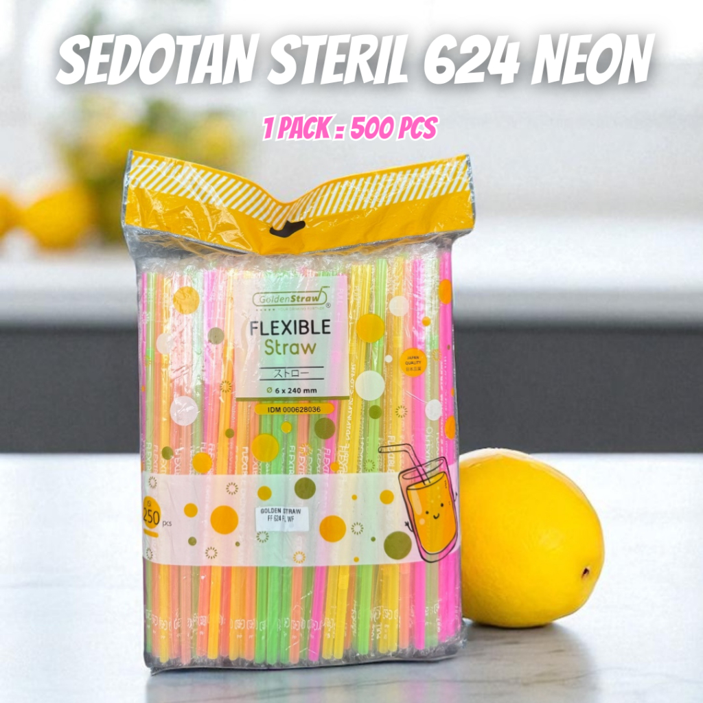 (ISI 250 PCS) Sedotan Plastik Flexible Neon 6mm x 24cm Steril GS | Sedotan Steril Higienis Warna War