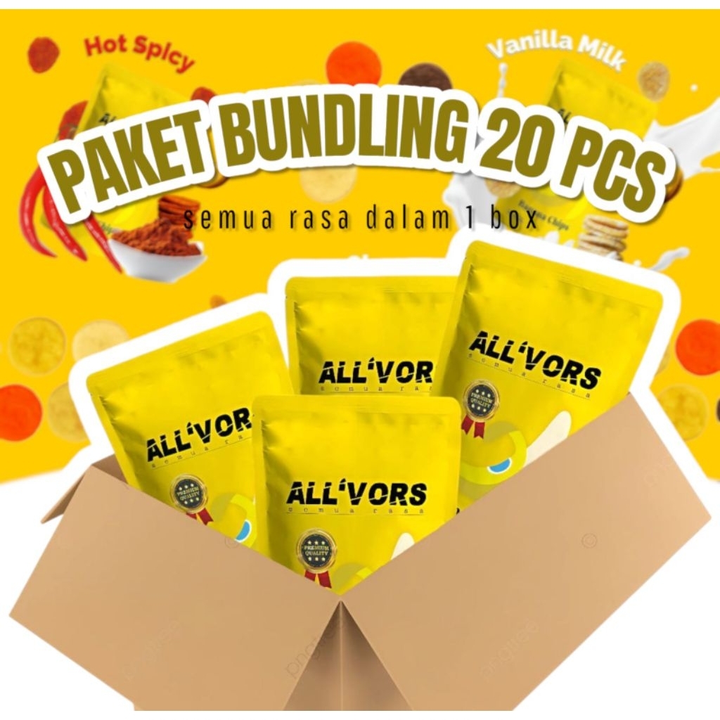 

keripik pisang All'vors 90gr paket isi 20 pcs all varian hot spicy,vanila milk,sweet cheese, salted egg, chocolate banana chips premium cocok untuk santay teman ngemil mu