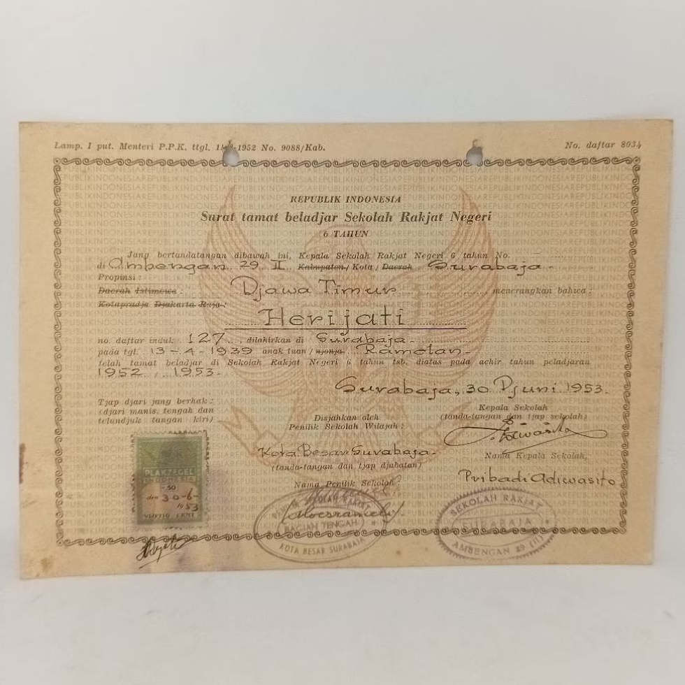 

Surat Tamat Belajar Sekolah Rakjat Negeri 1953