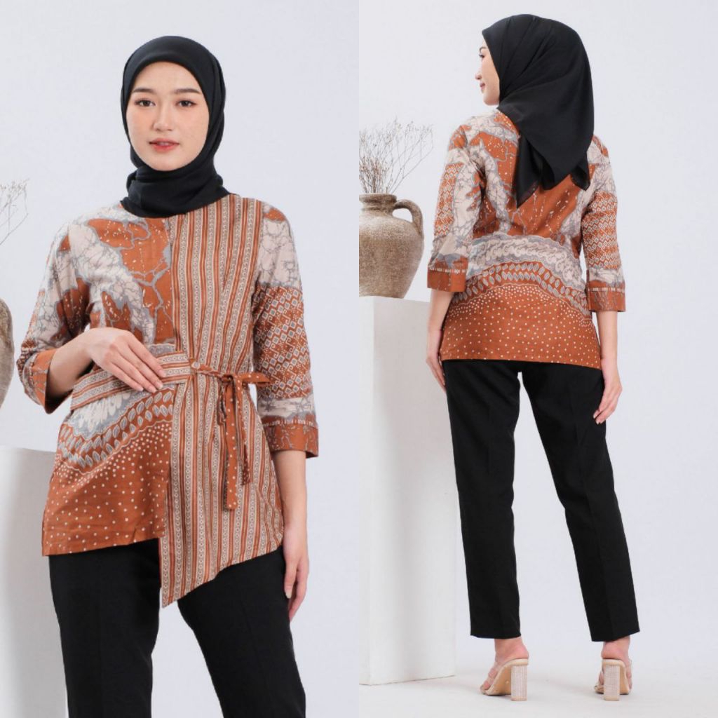 ATASAN BAJU BATIK WANITA KANTOR LENGAN PANJANG 7/8 MOTIF ABSTRAK TERBARU