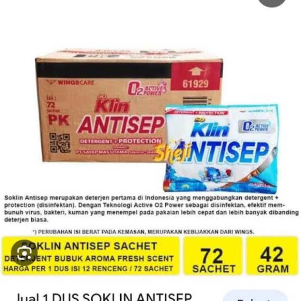SOKLIN Antiseptik Detergent Bubuk / Dus isi 12 Renceng