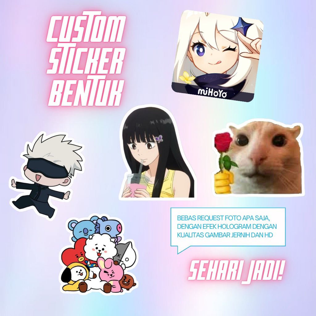 

Custom sticker hologram bentuk, Custom sticker hologram die cut, Custom Sticker anime