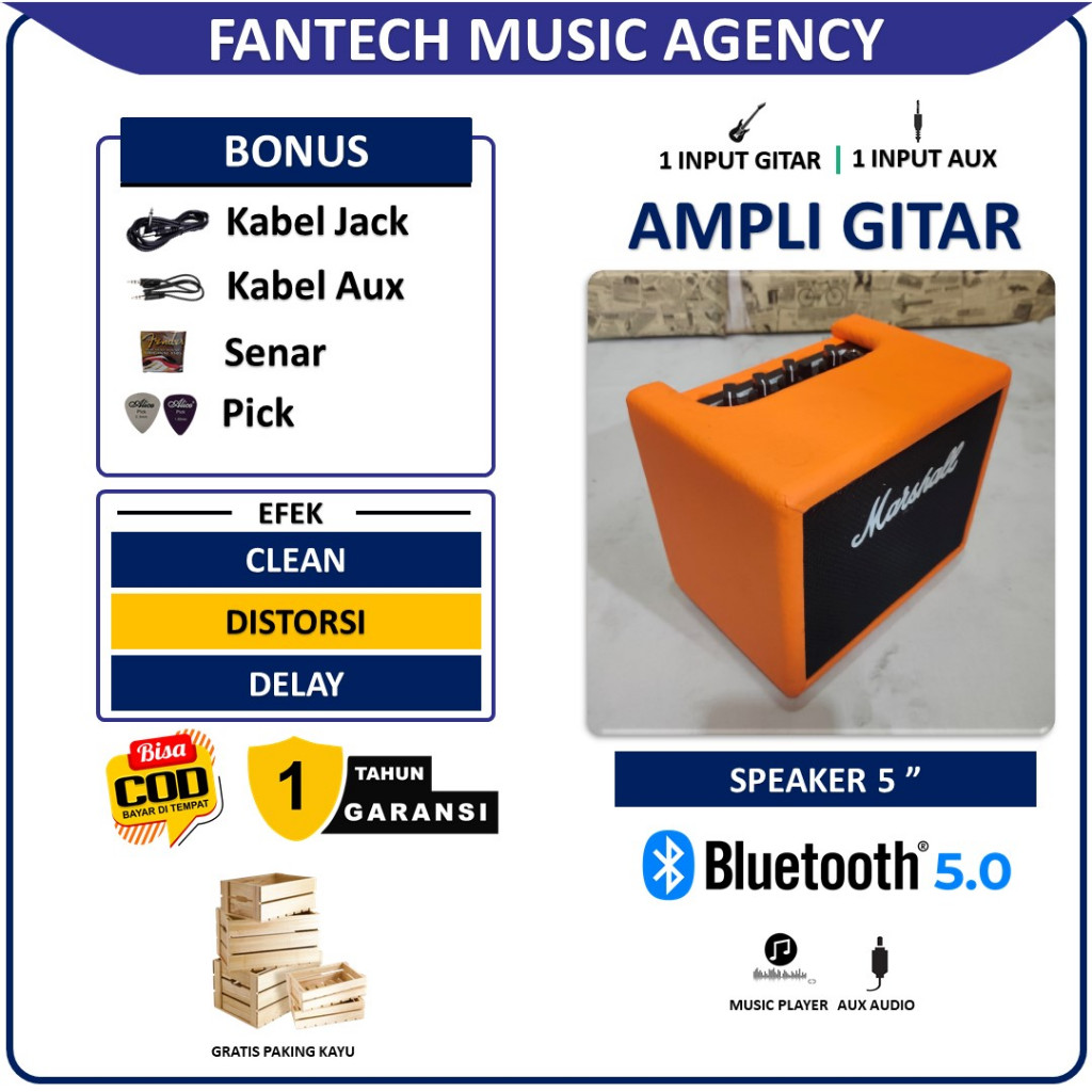 Ampli Gitar & Bass 5 Inch ada bluetooth & efek distorsi & efek delay Banyak Bonus Kabel Jack & Senar